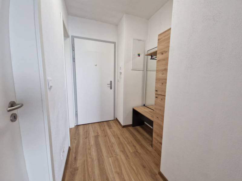Vstupní chodba se světlými stěnami a dřevěnou podlahou v 2-pokojovém bytě.