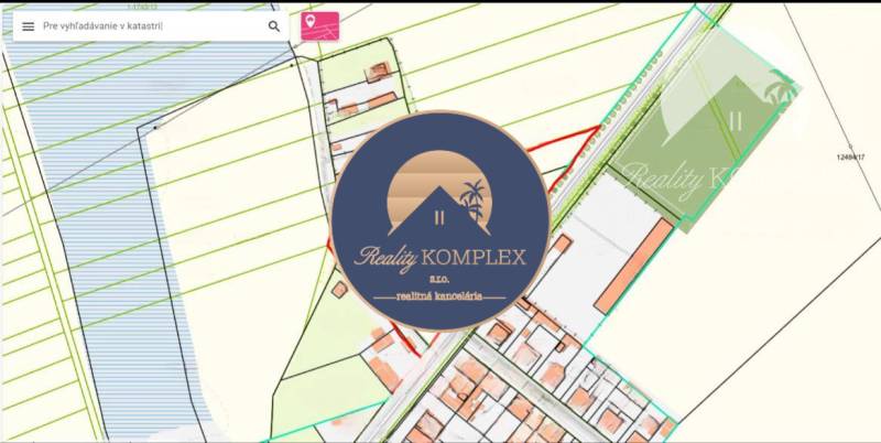 Mapa katastru v Komárně označuje pozemky - bydlení.