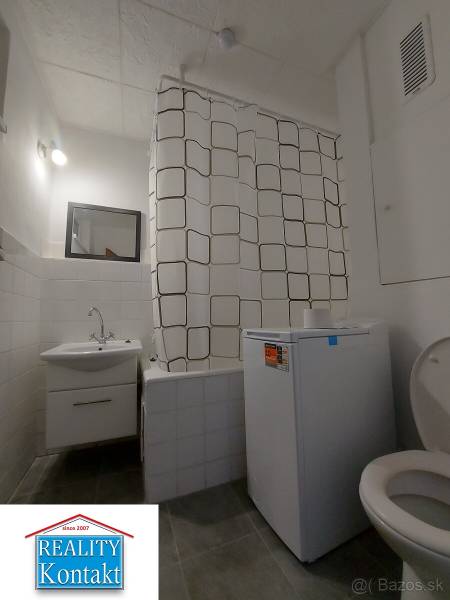 Koupelna s pračkou, sprchovým závěsem a toaletou v 1-pokojovém bytě.