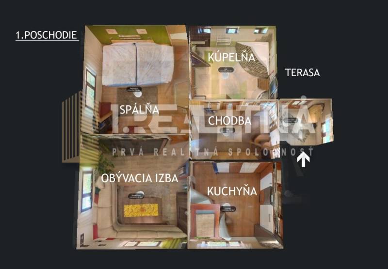 Půdorys rodinného domu s označenými místnostmi: ložnice, koupelna, kuchyně, chodba, terasa, obývací pokoj.