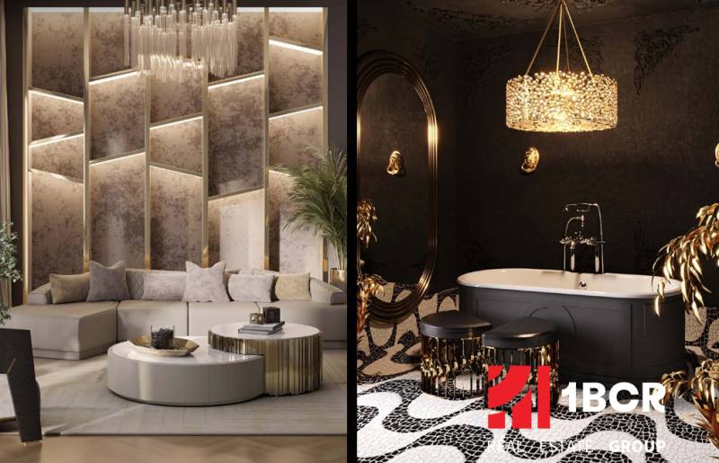 Luxusní interiér v rámci výstavby bytů s elegantním osvětlením a stylovou vanou.