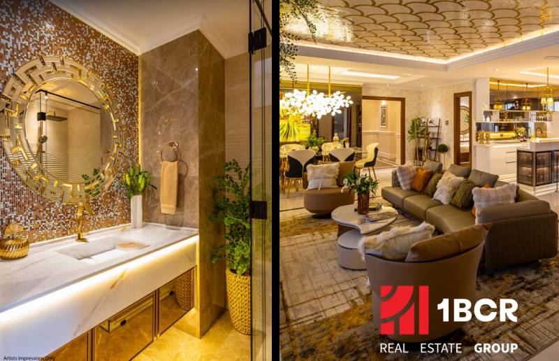 Luxusní koupelna a obývací pokoj ve výstavbě bytů s elegantním designem a doplňky.