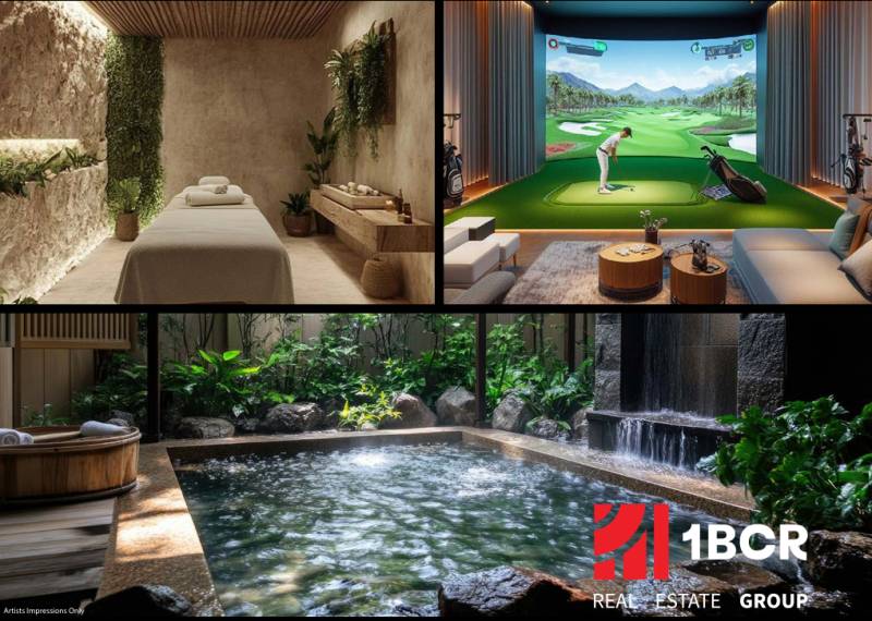 Wellness místnost, golfový simulátor a jacuzzi v rámci výstavby bytů.