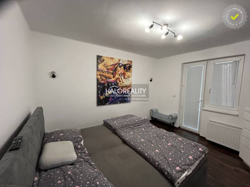 Ložnice s postelí a obrazem, přes okno vstup do zahrady, Rodinný dům.