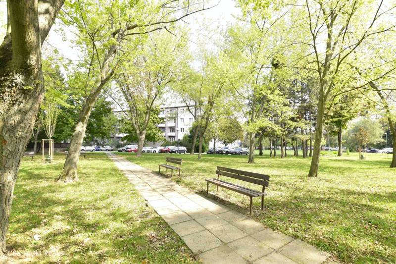 Park v Bratislavě - Ružinov, Smolnická, stromy, lavičky a chodník, atmosféra odpočinku.