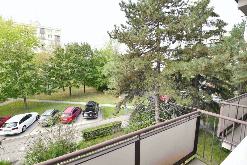 Výhled z 2pokojového bytu na ulici Smolnícka v Bratislavě-Ružinově. Parkování a zeleň.