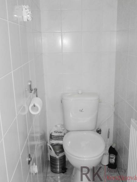 Toaleta v 2-pokojovém bytě s dlaždicovými stěnami a základním vybavením.