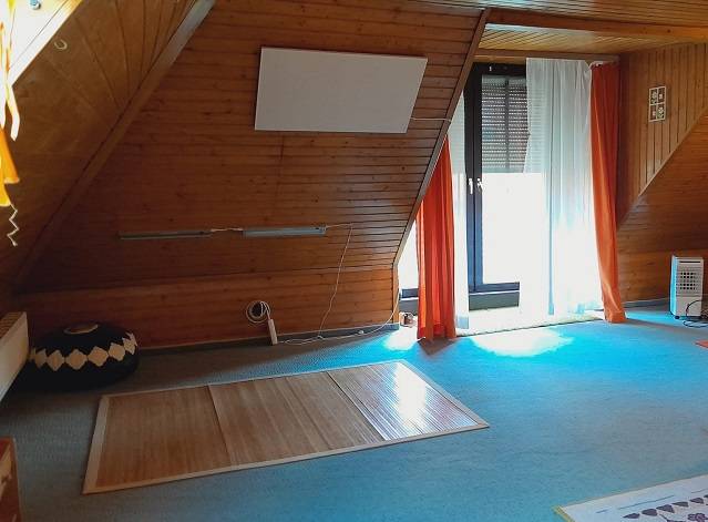 Podkrovní místnost rodinného domu s dřevěným obložením a střešním oknem.