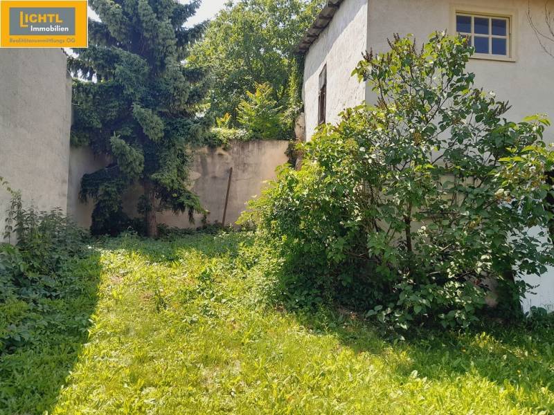 Zahrada v Grossinzersdorfu s travnatou plochou a keři u stěn gastro prostor.