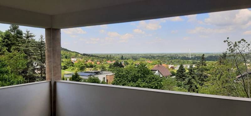 Pohled z vily v Hainburg an der Donau, obklopený přírodou a střechami domů.