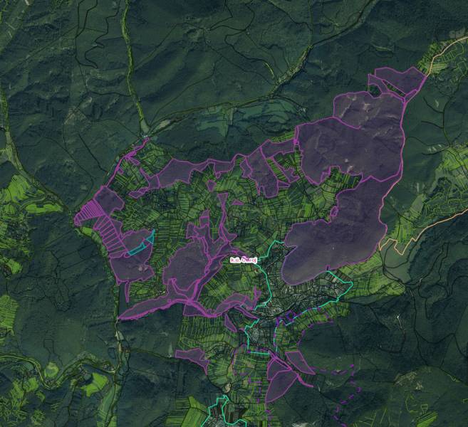 Satelitní mapa zemědělských a lesních pozemků v okolí Čavoje s barevným označením.