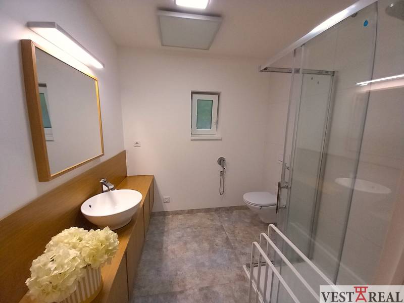 Koupelna rodinného domu s umyvadlem, sprchou a WC, na desce dekorativní květiny.