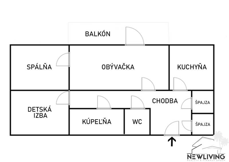 Půdorys 3-pokojového bytu s obývacím pokojem, dvěma ložnicemi, kuchyní a balkónem.