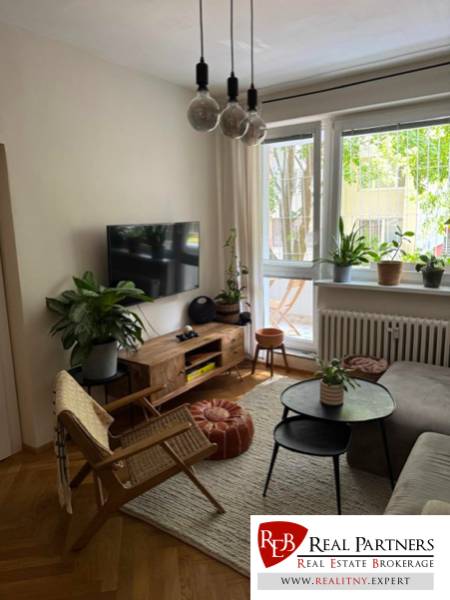 Obývací pokoj s pohovkou, TV a pokojovými rostlinami ve 4pokojovém bytě.