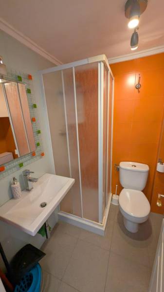 Koupelna garsonky s oranžovými obklady, sprchovým koutem, WC a umyvadlem.