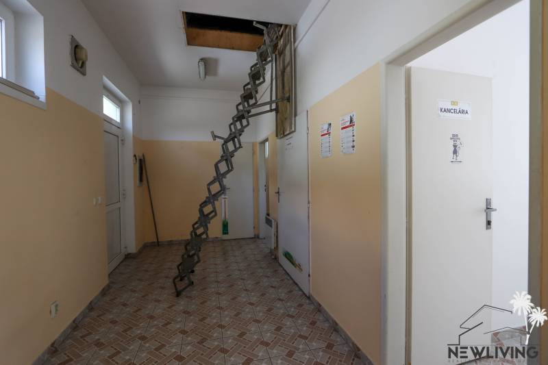 Interiér obchodních prostor s žebříkem vedoucím na půdu a kanceláří napravo.