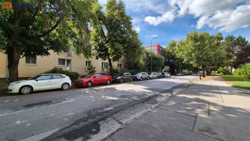 Ulice Pod Párovcami v Piešťanech s auty parkujícími před 3pokojovým bytem ve stínu stromů.