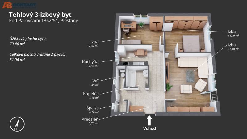 Půdorys cihlového 3-pokojového bytu s rozměry pokojů a dalších místností.