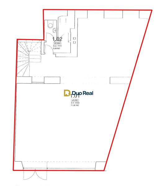 Půdorys obchodních prostor s toaletou, plochou 71,80 m², v Bratislavě - Staré Město.