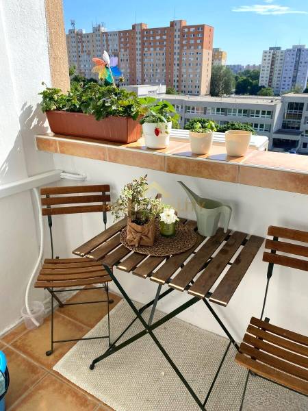 Balkon v 3-pokojovém bytě s rostlinami, stolkem a výhledem na Belinského ulici v Petržalce.