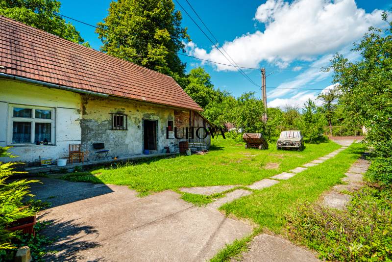 Rodinný dům na Louky v Louky s travnatým dvorem a stromy v pozadí.