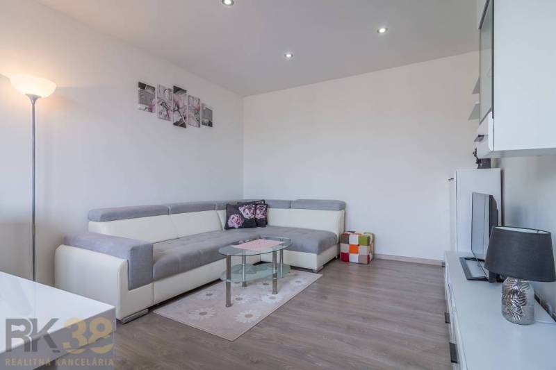 Obývací pokoj v 3-pokojovém bytě s pohovkou, TV stolkem a dekoracemi.