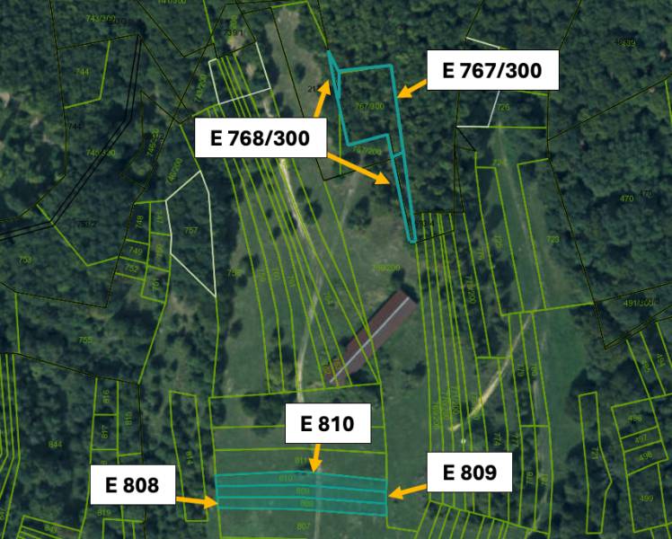 Katastrální mapa zemědělských a lesních pozemků v oblasti Omastiná s označením parcel.