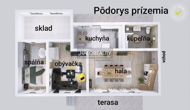 Půdorys přízemí rodinného domu: ložnice, obývací pokoj, kuchyň, koupelna, sklad, hala, terasa.