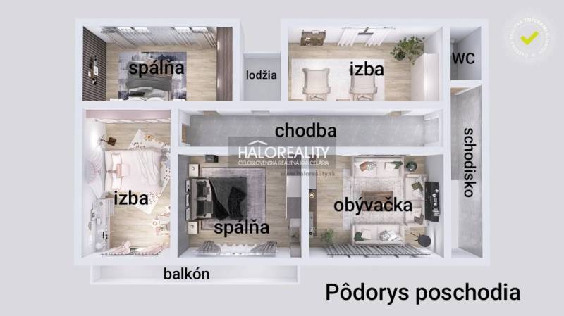 Půdorys patra rodinného domu s balkonem a lodžií, zobrazující pokoje a chodbu.