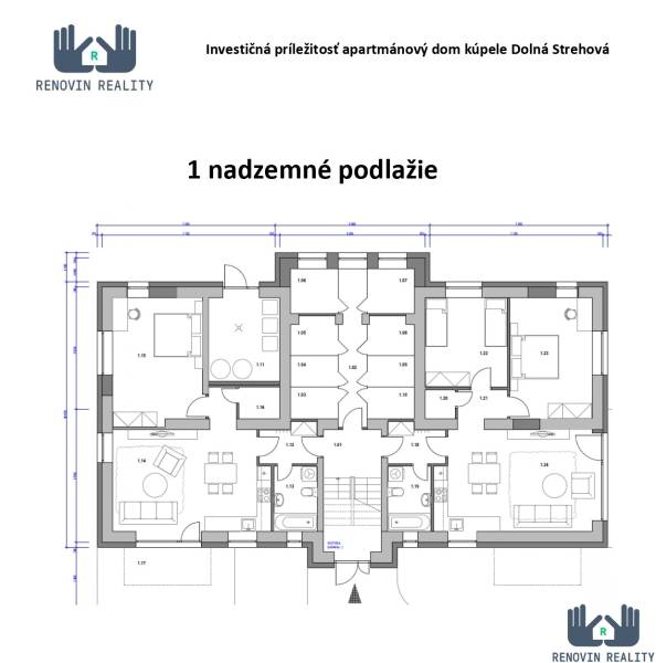 Půdorys prvního nadzemního podlaží apartmánového domu pro Hotely a penziony.