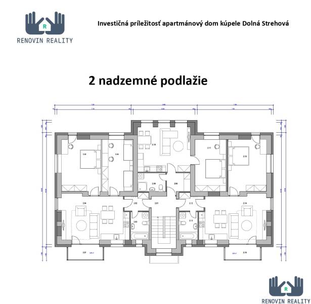 Půdorys druhého nadzemního podlaží apartmánového domu v Hotelech a penzionech.