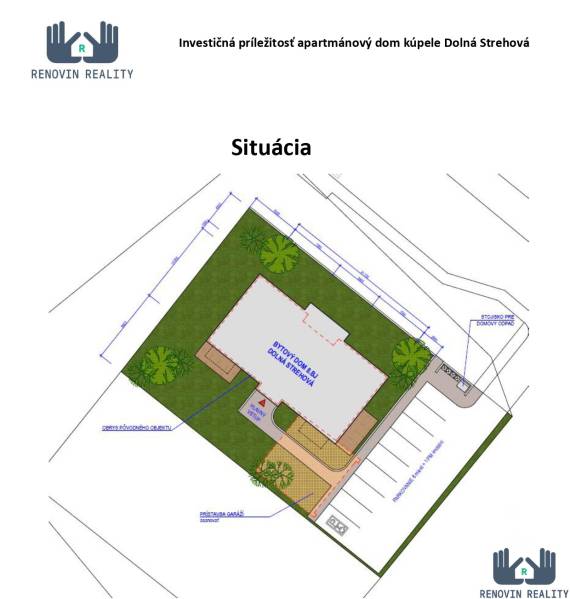 Půdorys apartmánového domu, označující parkovací místa a zeleň, v Dolní Strehové.