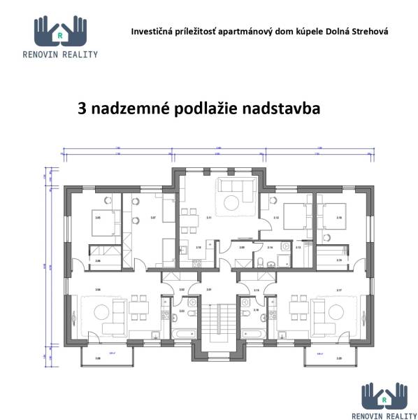 Půdorys třetího patra apartmánového domu s místnostmi v hotelech a penzionech.