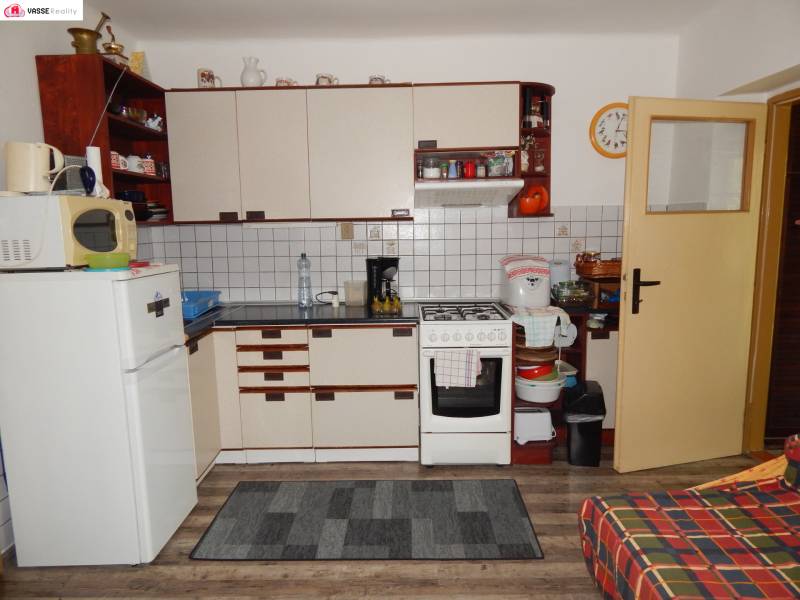 Kuchyně v chatě s dřevěnou podlahou, skříňkami a spotřebiči.