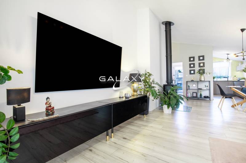 Moderní interiér obývacího pokoje v rodinném domě s krbem, rostlinami a velkou televizí.