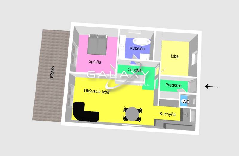 Půdorys rodinného domu ukazuje pokoje, kuchyň, obývací pokoj, koupelnu a terasu.