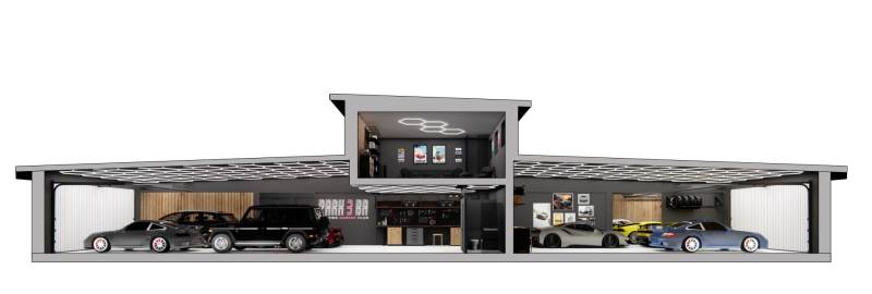 Stylová garáž s luxusními auty a galerií, součást obchodních prostor.