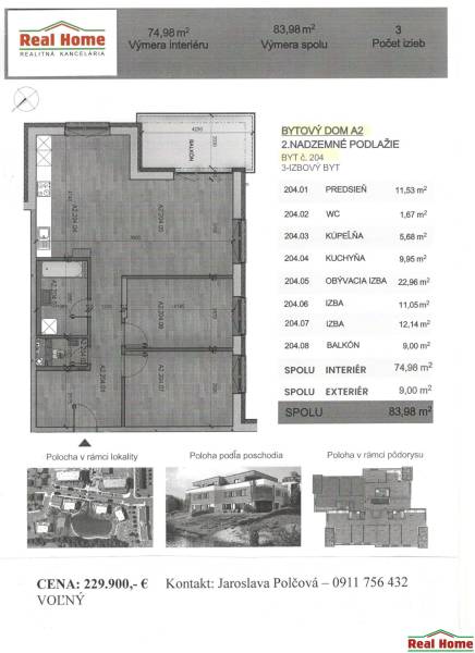 Půdorys 3-pokojového bytu s výměrou 74,98 m², balkonem a dispozicí pokojů.