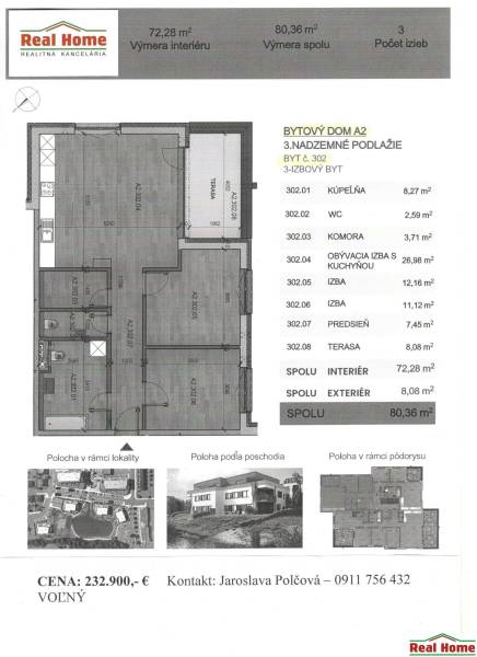 Půdorys 3-pokojového bytu v podlaží s rozlohou 72,28 m², terasa 8,08 m².