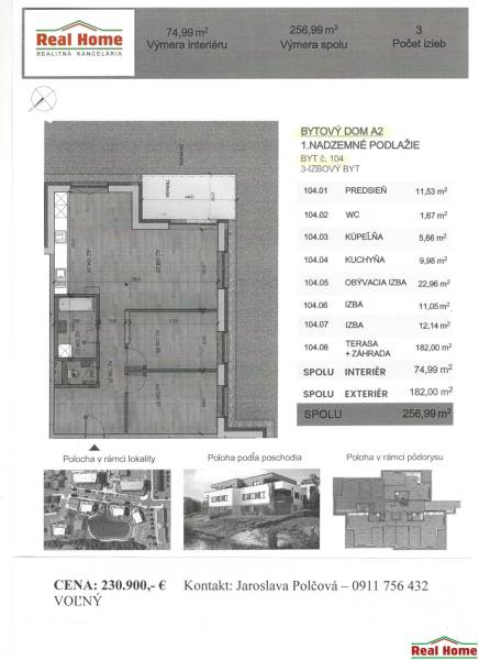 Návrh 3-pokojového bytu s rozlohou 74,99 m² s terasou 182 m².