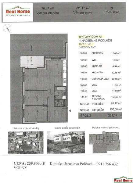 Půdorys 3-pokojového bytu s terasou a zahradou, Vtáčia, Senec. Výměra interiéru 76,17 m².