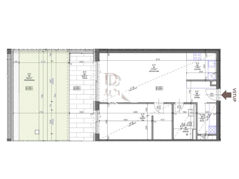 Půdorys rekreačního apartmánu s terasou a obývacím pokojem.