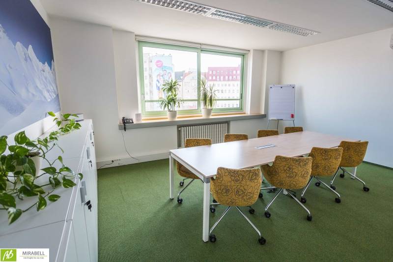 Kanceláře se stolem a židlemi, zelení a oknem s výhledem na město.