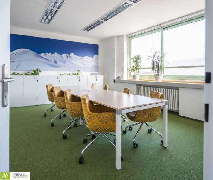 Kanceláře se zeleným kobercem, žlutými židlemi a velkou fototapetou hor.