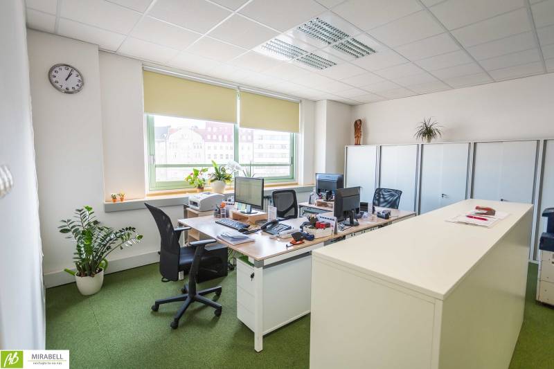 Kanceláře s pracovními stoly, počítači a zelení, vybavení pro komfortní práci.