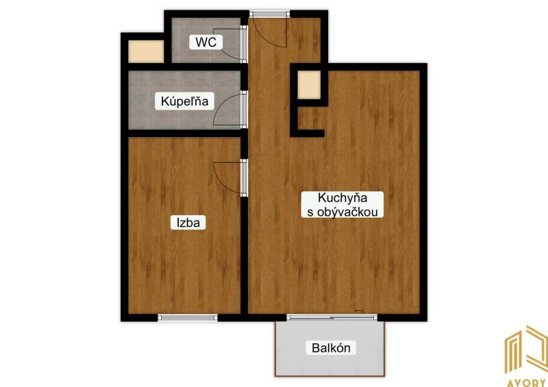 Půdorys 2-pokojového bytu s koupelnou, WC, kuchyní s obývacím pokojem a balkonem.