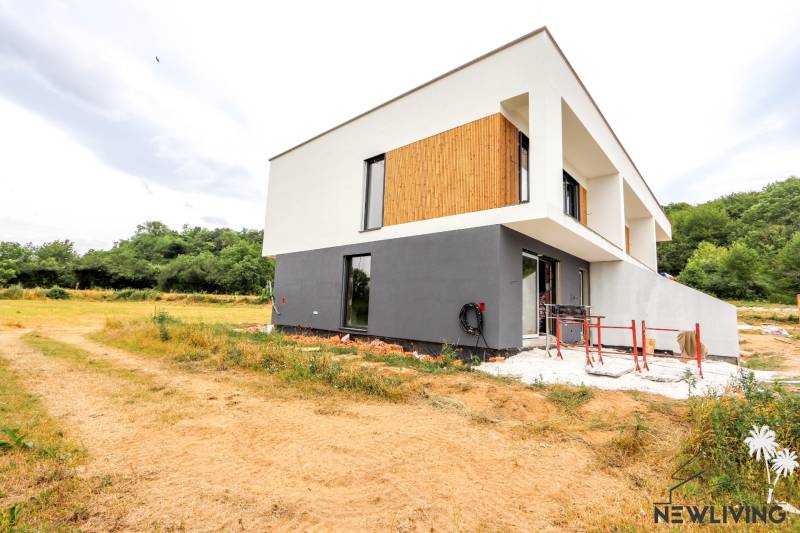 Rodinný dům v Piešťanech obklopený přírodou s moderním geometrickým designem.