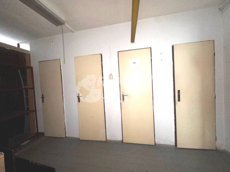 Interiér obchodních prostor se čtyřmi dveřmi a regálem.