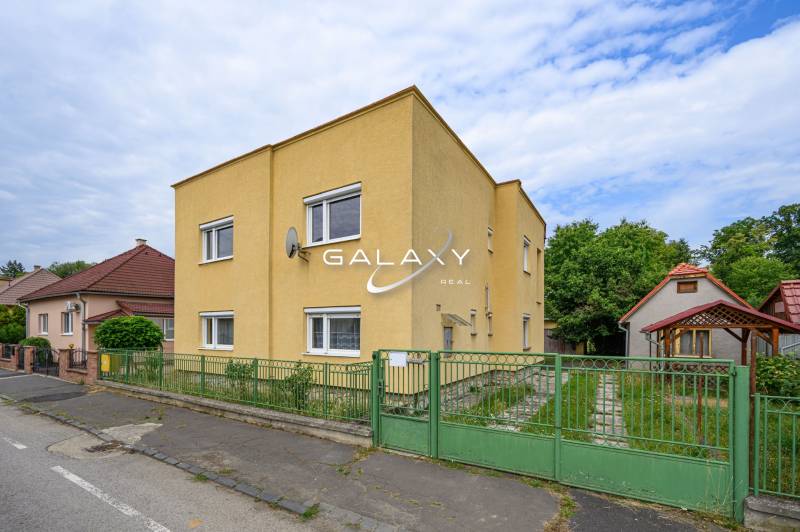 Žlutý rodinný dům s garáží a zahradou ve městě Vidiná.