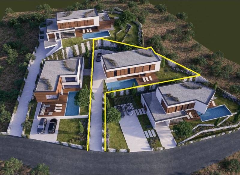 Luxusní vily s bazény ve Vodicích, obklopené zelení a moderní architekturou.